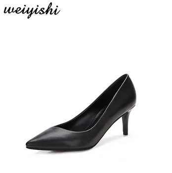 

weiyishi 2018 new lady's black shoes thin heel lady office cowskin pointed toe women's pumps 6.5CM high