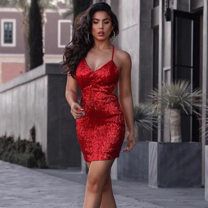 red sequin spaghetti strap dress