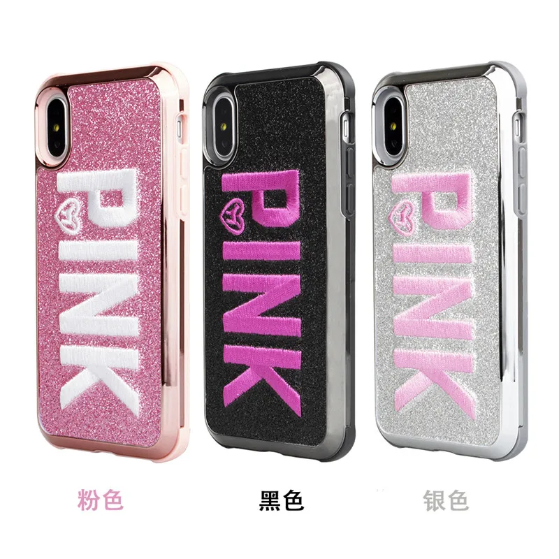 

3D embroidery PINK Victoria pink glitter bling soft phone case for Samsung S10 Plus S10E For iphone XS MAX 6 6S 7 8 Plus Secret
