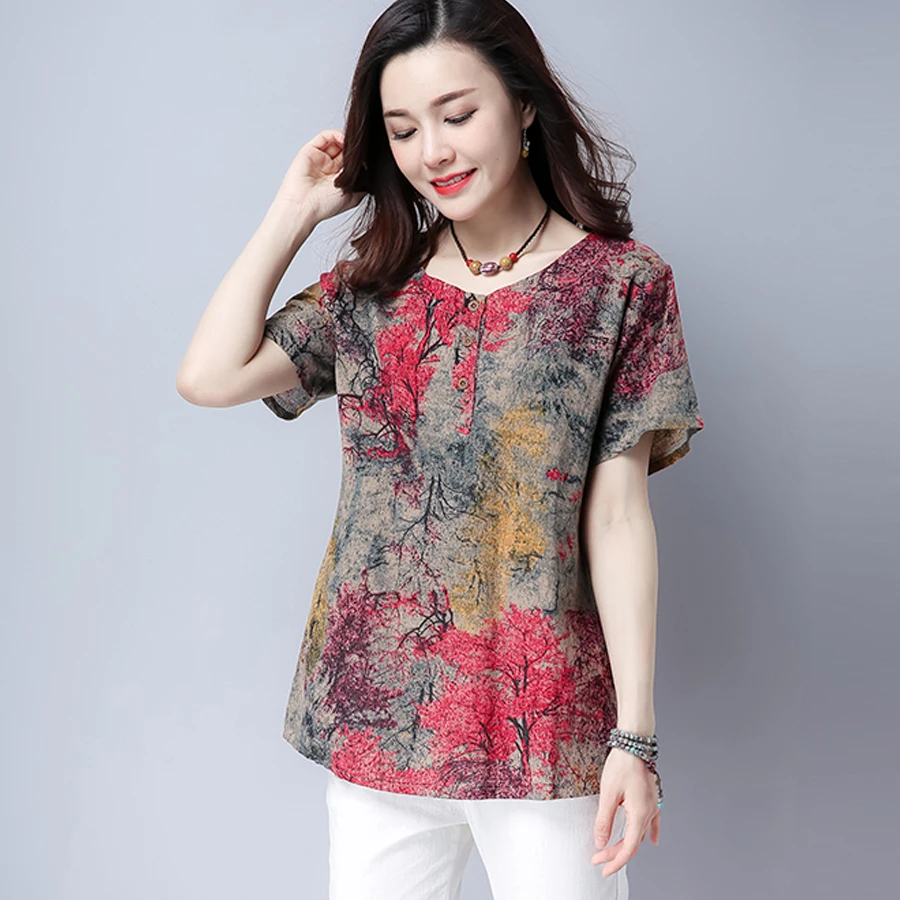 

2018 New Summer Casual Women Printed Colored Pattern Blue Red Short Sleeve Linen Blouse , Loose Buttons Shirt Blouses For Woman