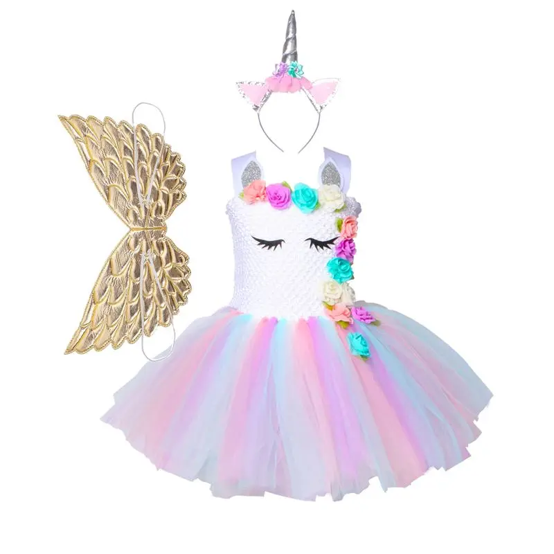 Платье-пачка с единорогом для девочек; Детские Платья с цветочным принтом для девочек на День рождения; маскарадные платья для детей; костюм на Хэллоуин и Рождество