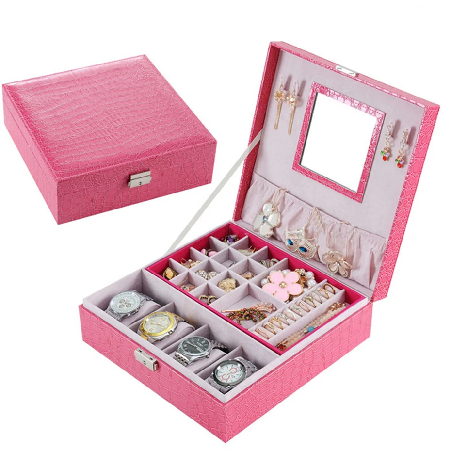 

Women Jewelry Watch Box Pink Stripe Leather Wristwatch Display Case Box Rings Collection Storage Organizer Holder Box Case