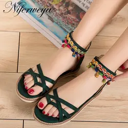 Этнический стиль лето женская обувь модная резинка украшения бисером Дамская обувь размер 34-43 сандалии на плоской подошве с ремешком zapatos