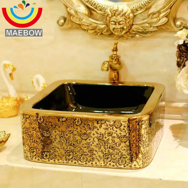 MAEBOW Gold Coating With Flower Decor Porcelain Wash Basin Ceramic