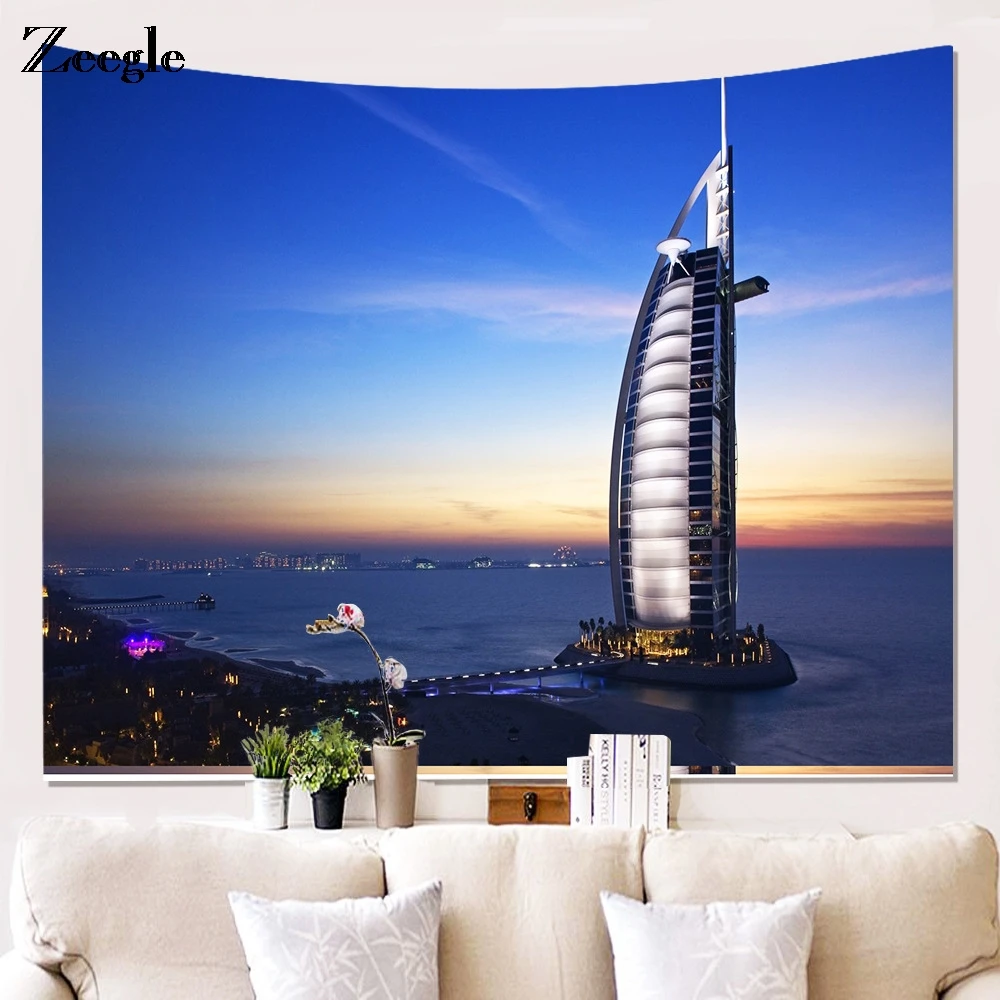 Zeegle Dubai High Buildings Printed Tapestry Wall Hanging Jumeirah Burj Pattern Decor For Living
