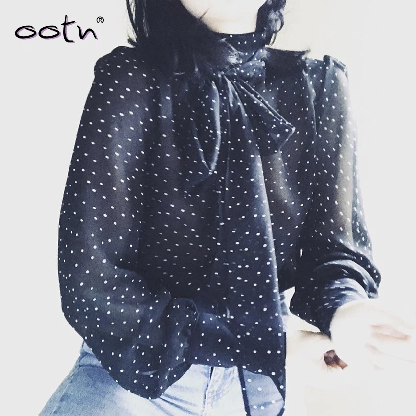 

OOTN Elegant Tie Neck Black Polka Dot Blouse Women 2019 summer Long Sleeve Blouse Sexy Transparent Shirt Women Tops And Blouses
