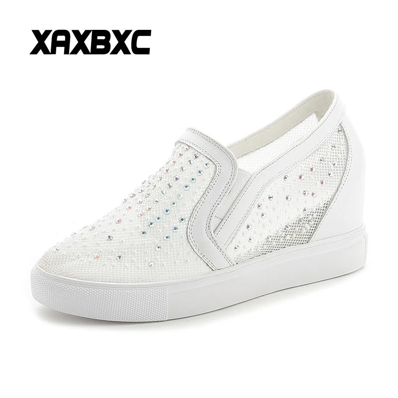 

XAXBXC 2018 Summer Crystal Rhinestone Mesh Breathable Increasing Platform Casual Women Sneakers Mujer Vulcanized Loafers Shoes
