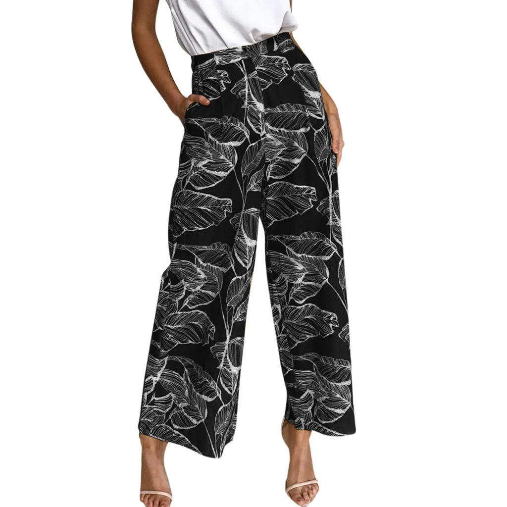 

Women Pants Summer Leaves Printing Drawstring High Waist Wide Leg Pants Leggings Trousers Women Bohemian Clothes Bottoms