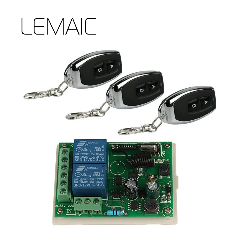 

LEMAIC 433Mhz Universal Wireless Remote Control Switch AC 250V 110V 220V 2CH Relay Receiver Module and 3pcs RF Remote Controls