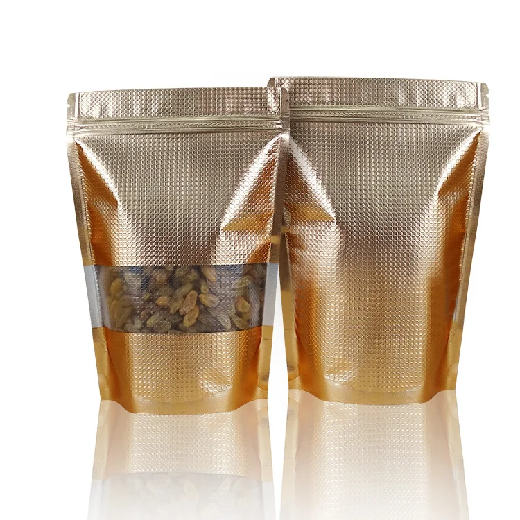 

100Pcs/Lot 14*20cm Golden Stand Up Aluminum Foil Lines With Clear Window Zipper Top Pack Bag Coffee Storage Valve Package Bag