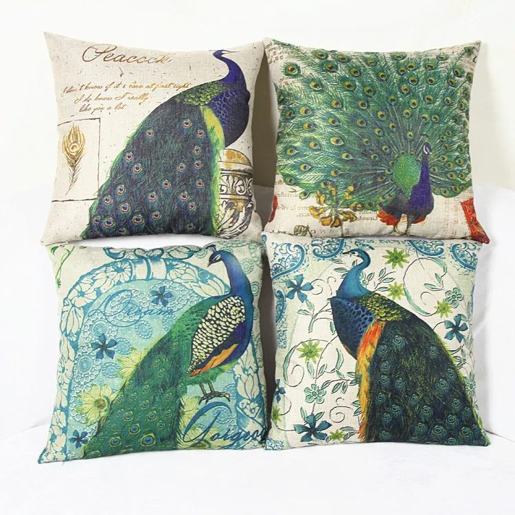 Image BeddingOutlet Cushion Cover peacock Design Pillow Case for Sofa Bed Car Cotton Linen 45cmx45cm capa de almofada Recommend