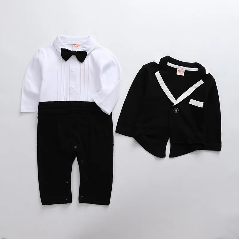 Костюм для новорожденных Комбинезоны и пальто комплекты одежды из 2 предметов Хлопковое платье-смокинг для маленьких джентльменов с длинными рукавами для детей от 1 года до 2 лет, платье для дня рождения - Цвет: Черный