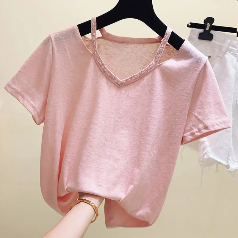 Fashion Summer 2019 Women Beading V-neck Short Sleeve Basic T shirt Elegant Ladies Tee Shirt femme Casual Tops Cotton tshirt | Женская