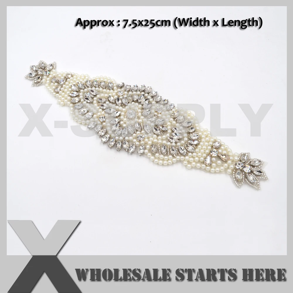 

Bridal Beaded Pear Crystal Rhinestone Applique Diamond Embroidery For Wedding Decoration Headband Hair Piece Garter Sash Belt
