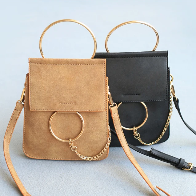 Small Leather Shoulder Bag Wristlet Metal Ring Top Handle