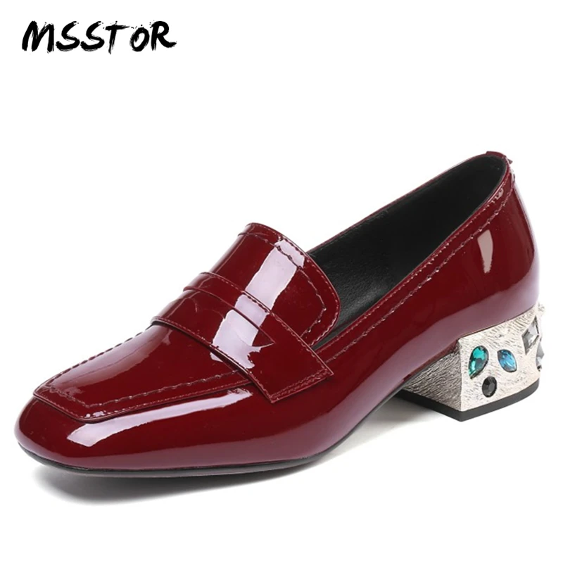 

MSSTOR Crystal Heel Casual Shoes Women Shallow Elegant Spring Black Fashion Genuine Leather Women Pumps Square Toe Ladies Shoes