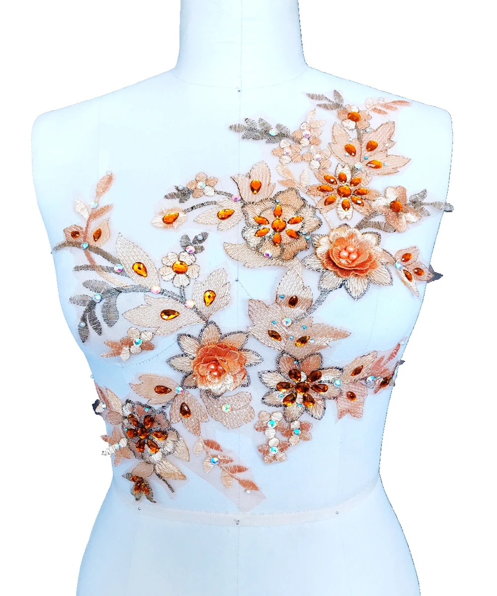 

champagne Three-dimensional embroider lace applique with beads rhinestones triming patches43*32cm for dress DIY accessories