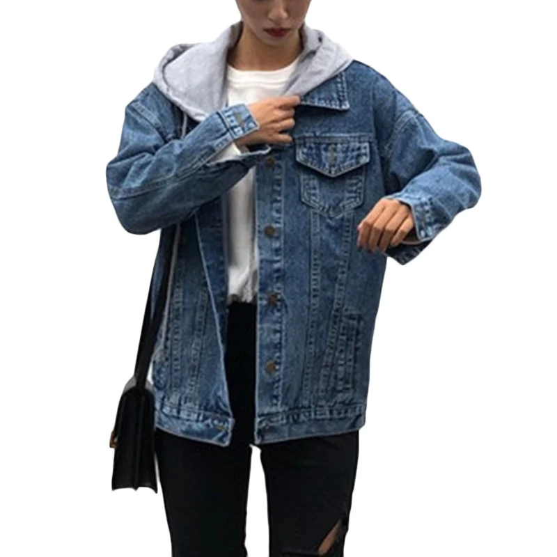 

Autumn winter New Denim Jacket Coat Women Loose Students Korean Long sleeve BF Jeans Coats Womens Wild Hooded Basis Jackets F537