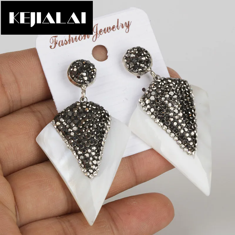 KEJIALAI Triangle Shape Earrings for Women Pearl Shell Paved with Rhinestone Luxury Style Dangle Drop Jewelry Accessory | Украшения и
