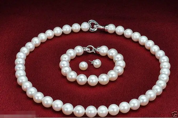 

Free shipping hot sale Women Bridal Wedding Jewelry >>9-10mm Genuine south sea White Pearl Necklace Bracelet stud earrings SET