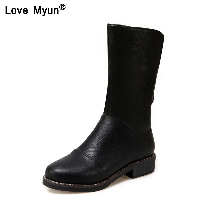 

2018 large size 33-44 fashion black beige Zip up women shoes woman square med heels riding boots winter footwear kio