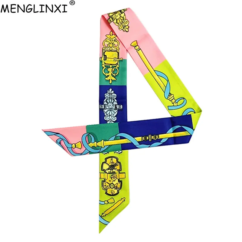 

2018 New Silk Scarf For Women Blue Patchwork Rope Print Skinny Bag Scarf Brand Foulard Women Tie Fashion Head Scarves For Ladies