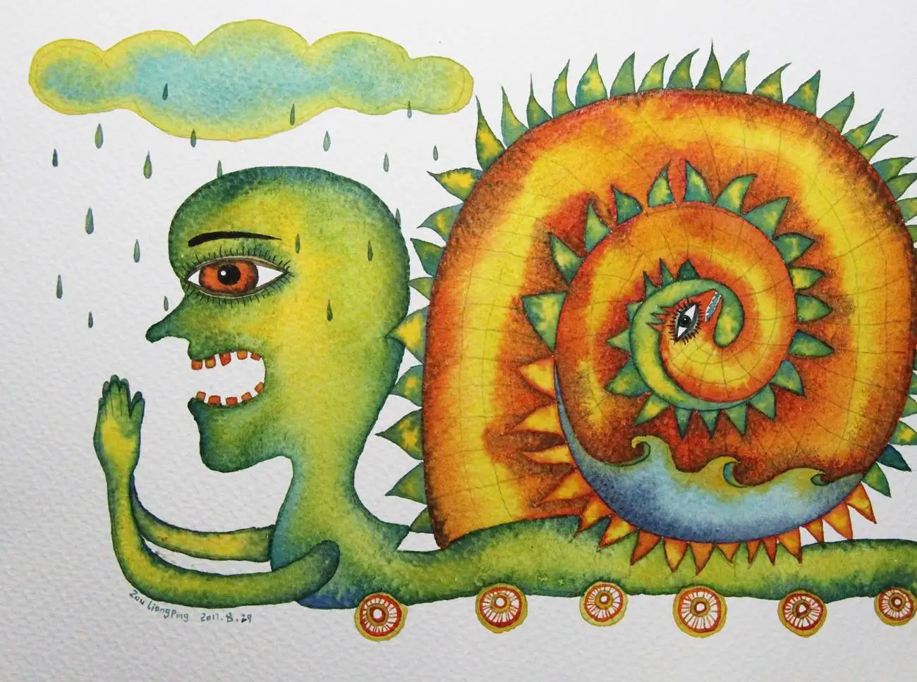 

Chinese Artist Zou Liangping's Work"A Snail Prays for Rain" Watercolor Painting Wall Pictures for Living Room Garden Decor Art