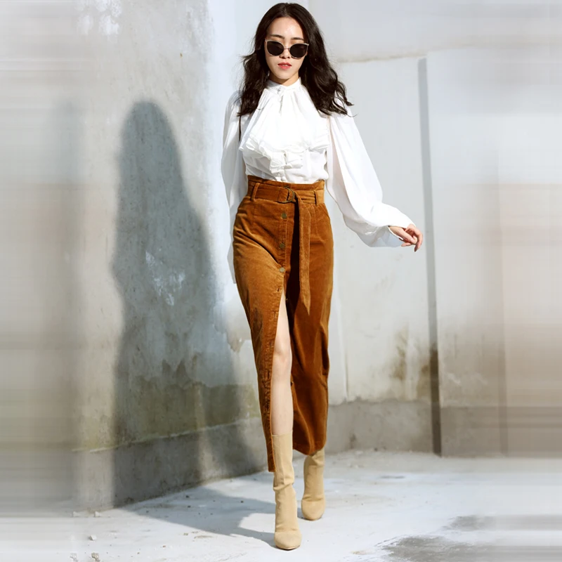 

Free Shipping Fashion Long Maxi Stretch Corduroy High Waist Slim Hip Straight Skirts For Women Single-breasted Skirt WIth Belt