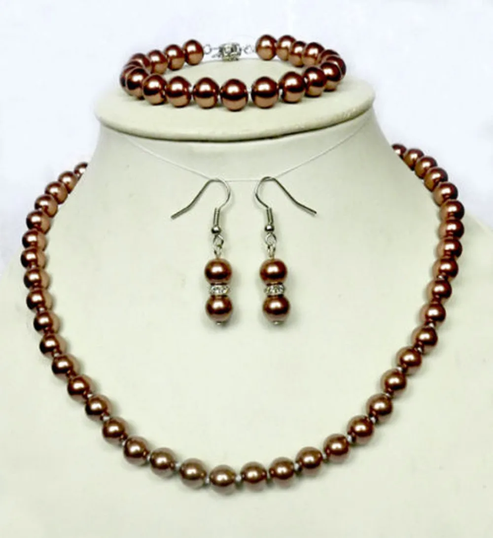

AAA 8mm champagne Sea Shell Pearl Necklace & Bracelets Earring Set^^^@^Noble style Natural Fine jewe FREE SHIPPING