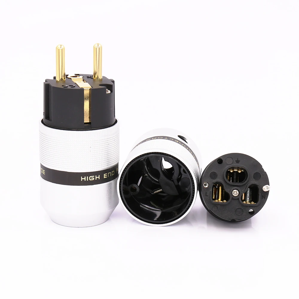 One Pair 24K Gold Plated Schuko Power Plug+IEC Female Audio Connector