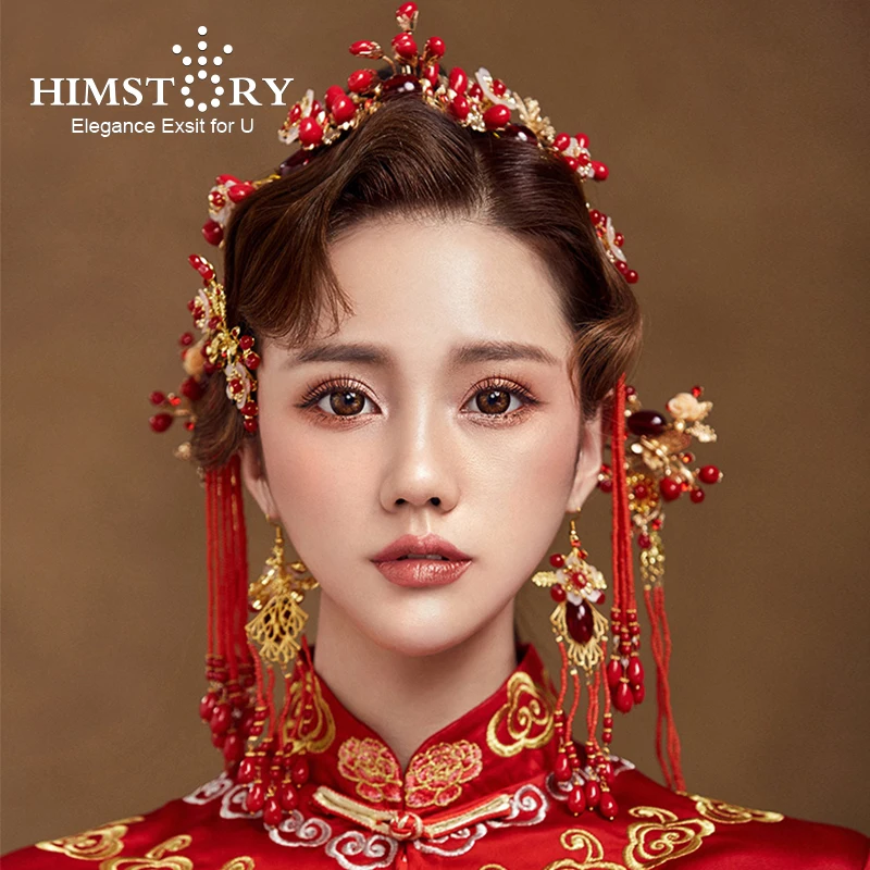 HIMSTORY Classic Chinese Wedding Hair Accessories Lucky Red Gold Color
