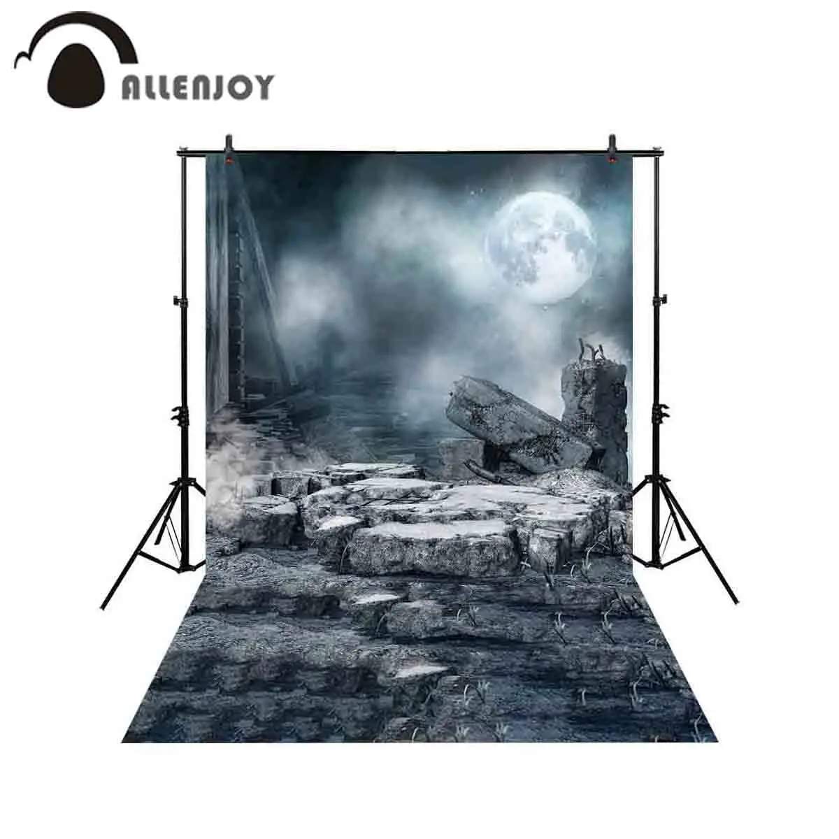 

Allenjoy backgrounds for photography studio fogg ynight scenery full moon ruin city rubble stone steps backdrop photocall