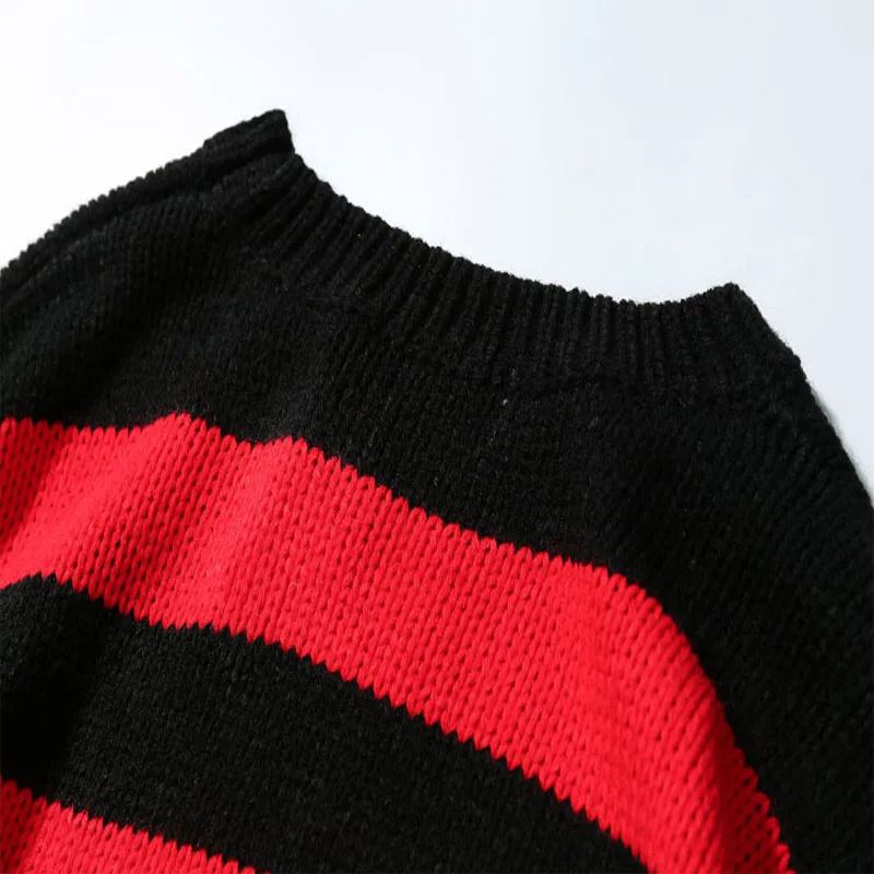 2019 New Ripped Stripe Knit Sweaters Men Hip Hop Hole Casual Pullover Sweater Male Fashion Loose Long Sleeve Sweaters Red Black 2019 New Ripped Stripe Knit Sweaters Men Hip Hop Hole Casual Pullover Sweater Male Fashion Loose Long Sleeve Sweaters Red Black