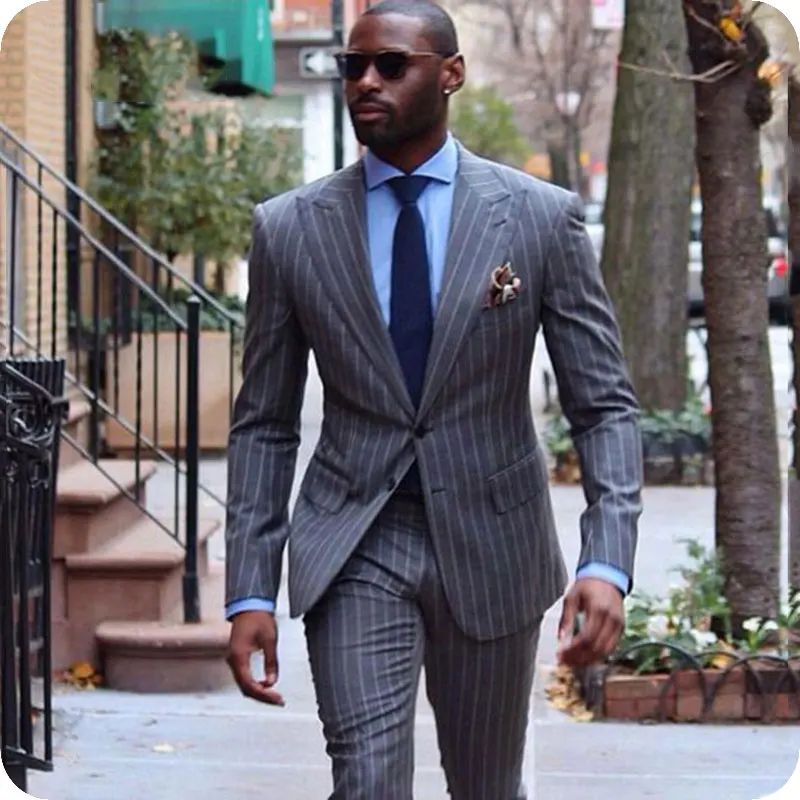 

Latest Coat Pant Designs Grey Striped Men Suits Wide Peaked Lapel Slim Fit Groom Tuxedo Men Blaszers Jacket 2Piece Costume Homme