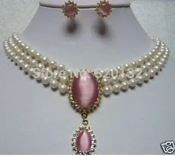 

Nobility jewelry bridal Woman's pearl pink opal necklace earring Wholesale Plated gold Jewelry silver hook