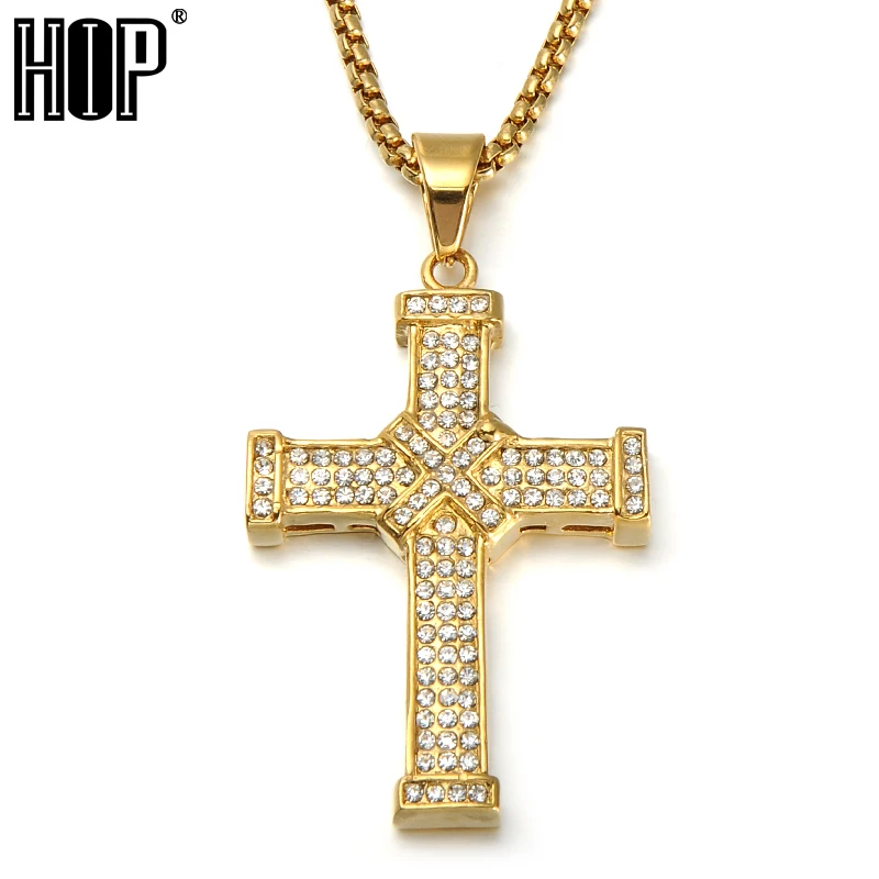 

Hip Hop Full Rhinestone Bling Iced Out Prayer Tie Cross Pendants Necklaces Mens Gold Color Stainless Steel Chain Rock Jewelry