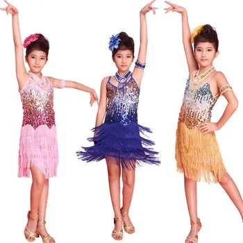 

New kids Tasseled Ballroom Latin Salsa Dancewear Fringe Skirts Girls Party Dance Costume Dress 6-12Y