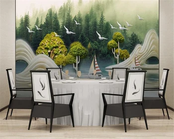 

beibehang Fashion Emboss Lake Light Mountain Bird Scout Wallpaper Background Wall Painting wallpapers for living room
