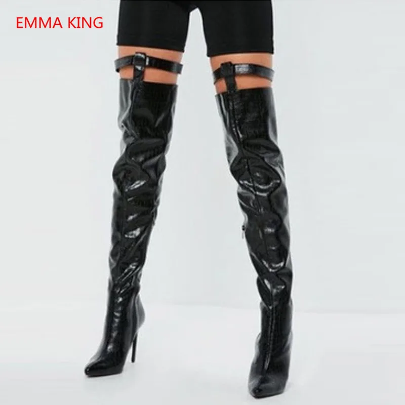 

Women Winter Gothic Shoes 2018 New Sexy Belt Buckle Stiletto High Heels Punk Style Fashion Leather Black Over The Knee Boots
