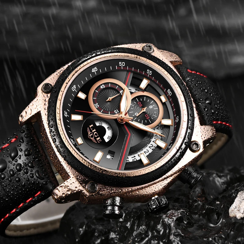 Мужские кварцевые часы Montre Homme LIGE роскошные деловые с хронографом и кожаным