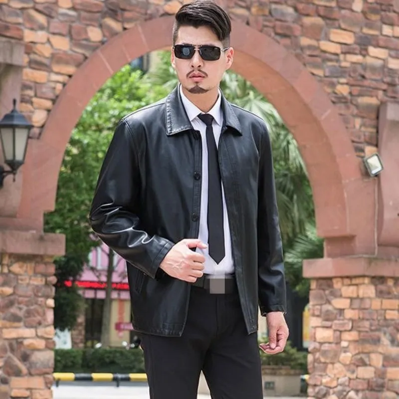 Fashion Men's Faux Leather Jackets PU Leather Coats Turn-Down Collar Leather Jackets Male Straight Soft Black Clothes For Man