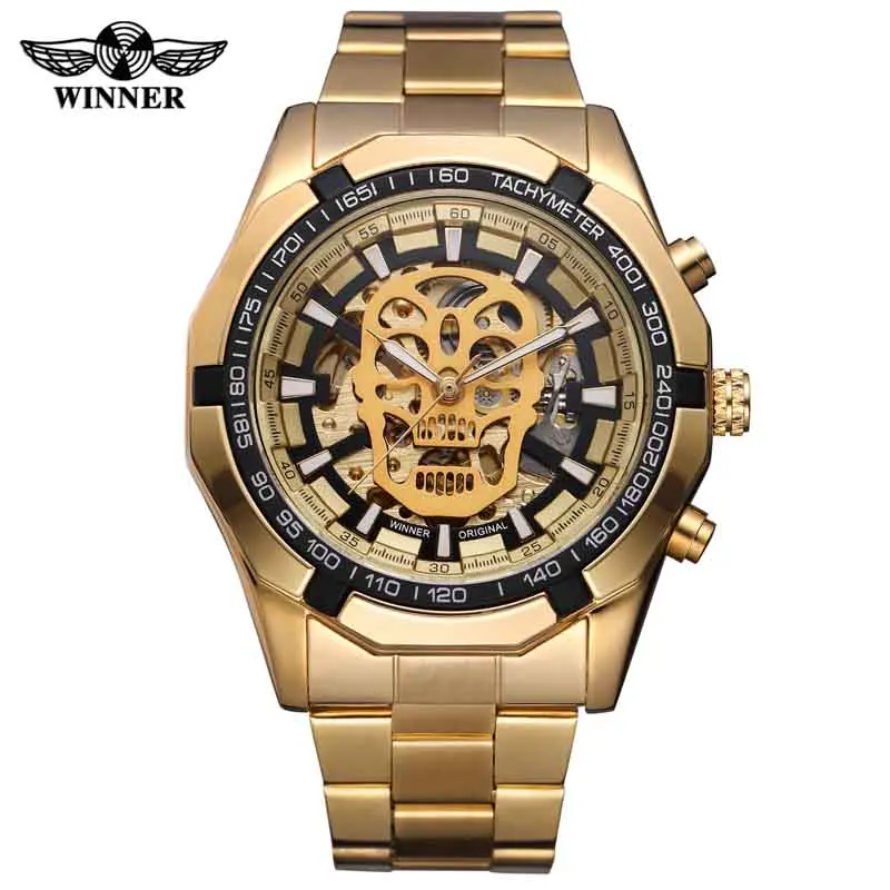 

WINNER New Steampunk Skull Auto Mechanical Watch Men Gold Stainless Steel Strap Skeleton Dial Fashion Cool Design Wrist Watches