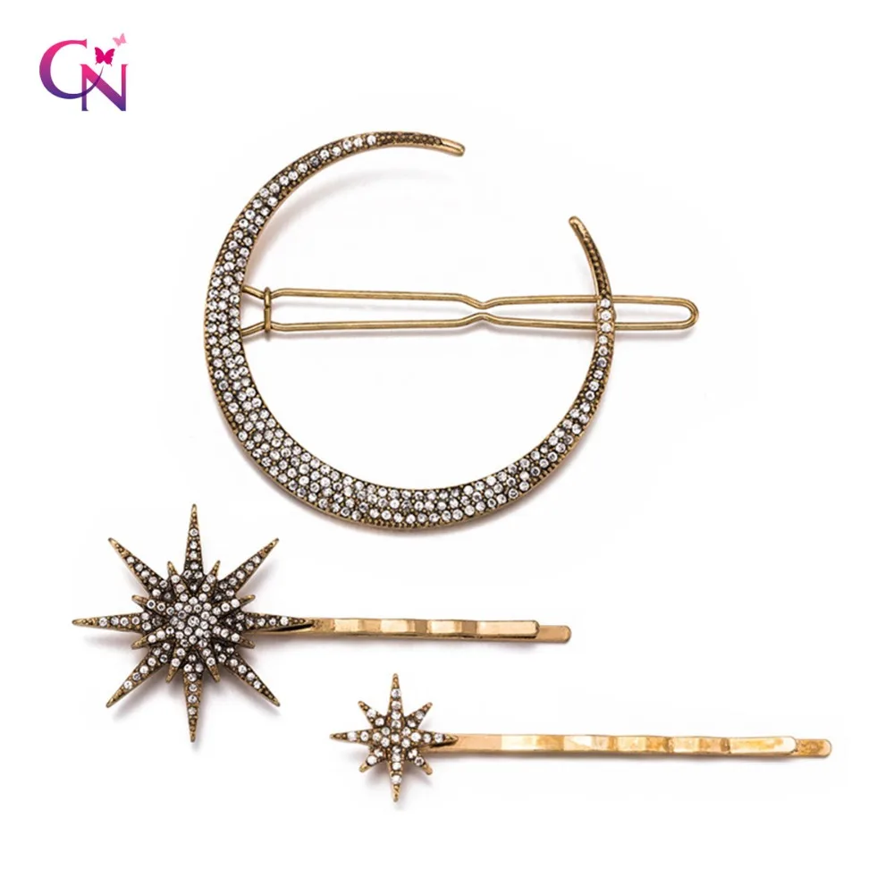 

CN Hair Accessories Rhinestone Hair Clips For Women Silver Metal Hairpin For Girls Moon Star Hair Barrettes StylingTool Hairgrip