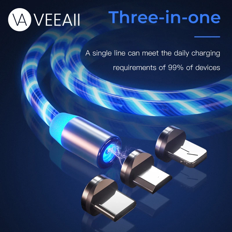 

VEEAII 1M LED Magnetic Cable Charger Type C Micro USB Charging for Iphone 7 8 Plus X Samsung S9 S8 Mobile Phone Cable Cord USB