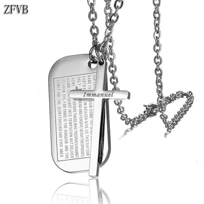 ZFVB Jesus Bible Verse Sculpture Cross Necklace Stainless Steel Christian Immanuel Dog Tag Pendants Religion Jewelry | Украшения и
