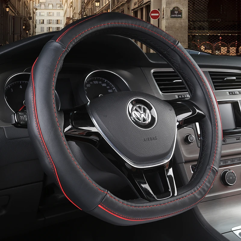 KKYSYELVA D Shape Leather Car Steering Wheel Cover for For VW GOLF 7