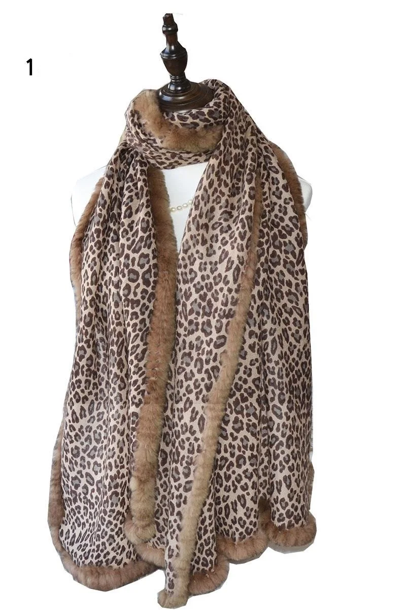 Пикантные леопардовые пятна шарф с Настоящий мех кролика отделкой шаль шарф осень-зима обертывания и шарфы Дамская мода шерсть F112