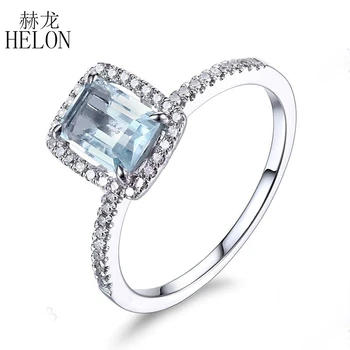 

HELON 7x5mm Emerald Cut Aquamarine Natural Diamonds Engagement Wedding Ring 10K White Gold Gemstone Diamonds Fine Jewelry Ring