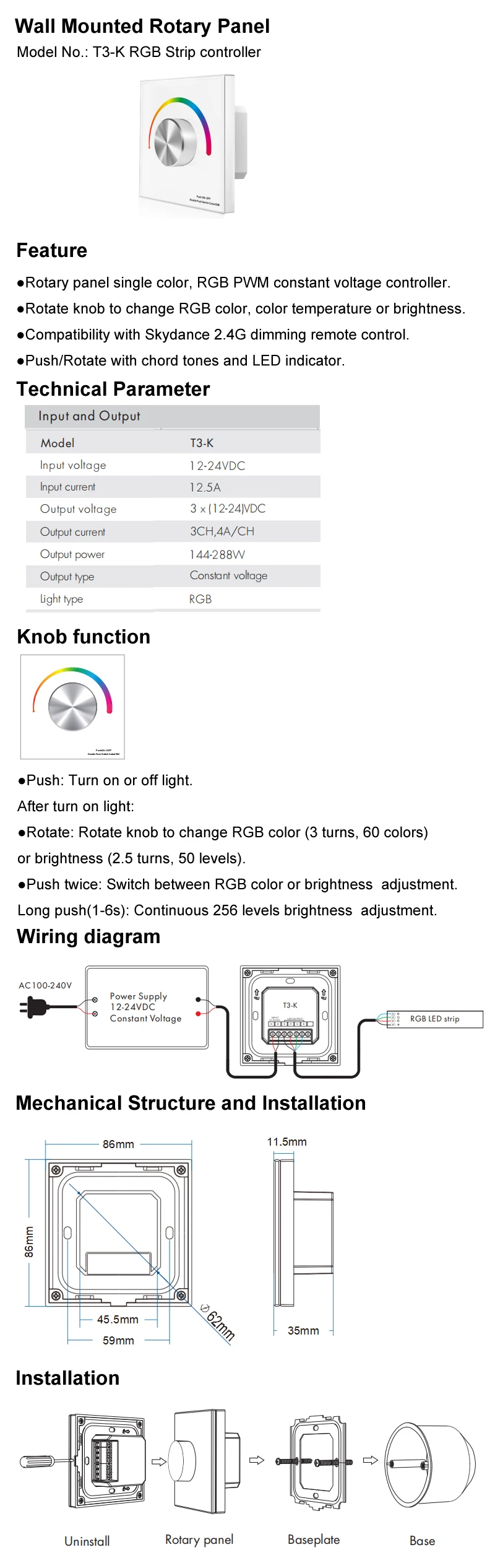 Контроллер светодиодной RGB ленты DC 12 В 24 В вход 4A 3CH выход Настенный ручной поворотный регулятор 12 В 5050 3528 RGB контроллер светодиодной ленты