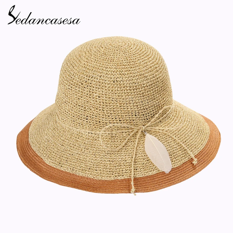 

Sedancasesa Summer Hat Female Wide Brim Feather Ladies Sun Hats for Women Casual Straw Hat Sun Visor Cap Sombrero Chapeau Female